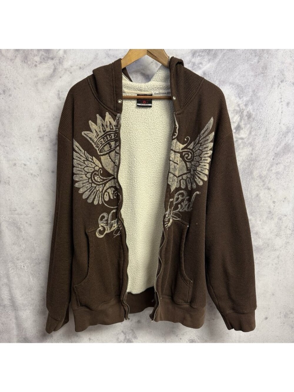 Vintage Shady Ltd Hoodie Mens Brown Thermal Fleece Lined Sweatshirt Medium